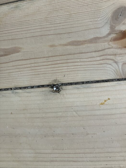 Golvskruv som sticker upp mellan plankor i ett trägolv. Problem med att få ner skruven trots flera försök med olika verktyg.