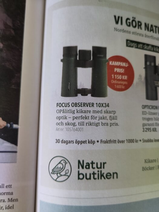 Reklam för Focus Observer 10x34 kikare med skarp optik, kampanjpris 1150 kr, från Naturbutiken. Anpassad för jakt, fjäll och skog.