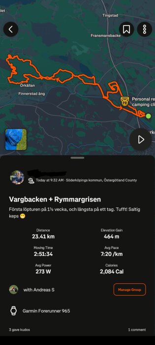 Karta över en löprunda i Söderköpings kommun, med detaljer: 23,41 km distans, 464 m höjdmeter, 2:51:34 tid, 7:20/km tempo, 2,084 kalorier.