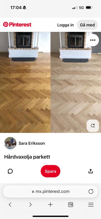 Två ekparkettgolv framför en eldstad. Vänstra golvet är mörkare, högra är ljusare med vitpigmenterat utseende.