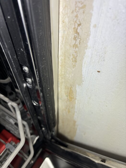 Missfärgade fläckar på väggen intill en diskmaskin, potentiellt orsakade av fuktskada, syns nära diskmaskinsluckans kant.