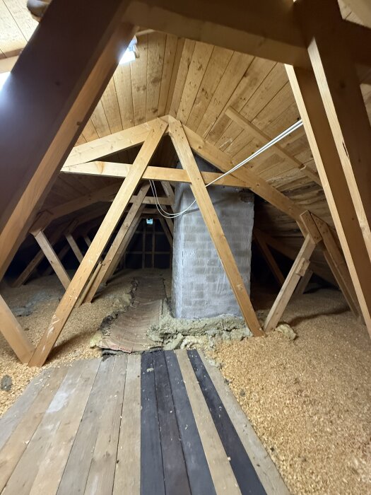 Vindsvåning med isolering och träbalkar, skorsten i tegel synlig i mitten.