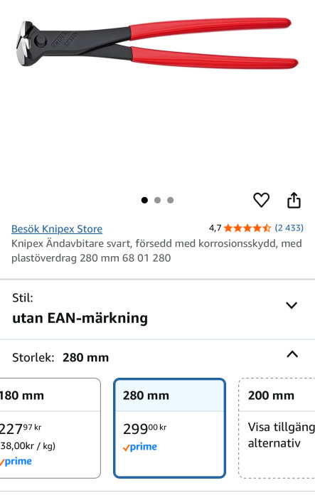 Knipex ändeavbitare svart, 280 mm, korrosionsskyddad med rött plastöverdrag, pris från Amazon.