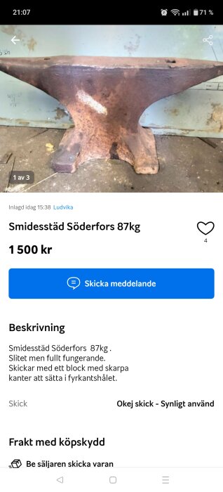 Ett smidesstäd från Söderfors som väger 87 kg, placerat på ett golv, med synliga tecken på slitage men i fungerande skick.