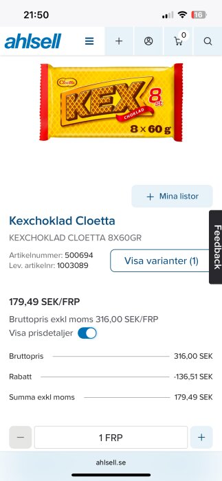 Förpackning av Kexchoklad Cloetta, 8x60g, med prisinformation från Ahlsell, visar bruttopris och exkl. moms.