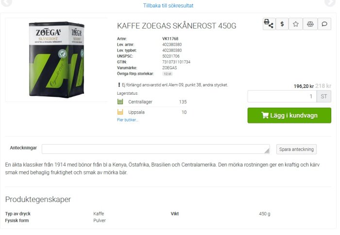 Förpackning med Zoégas Skånerost kaffe, 450 g, visas med detaljer som artnr, pris och lagersaldo.