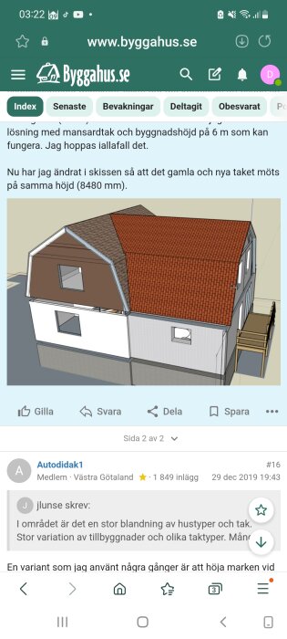 Skiss av ett tvåvåningshus med mansardtak och olika takmaterial.