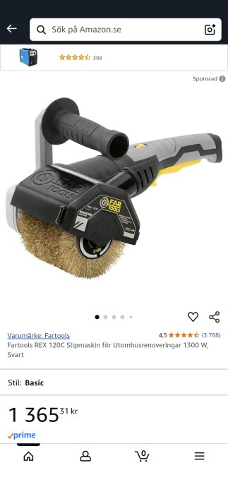 Slipmaskin av märket Fartools REX 120C med stålborst, lämplig för utomhusrenoveringar. Finns tillgänglig på Amazon för 1 365,31 kr.