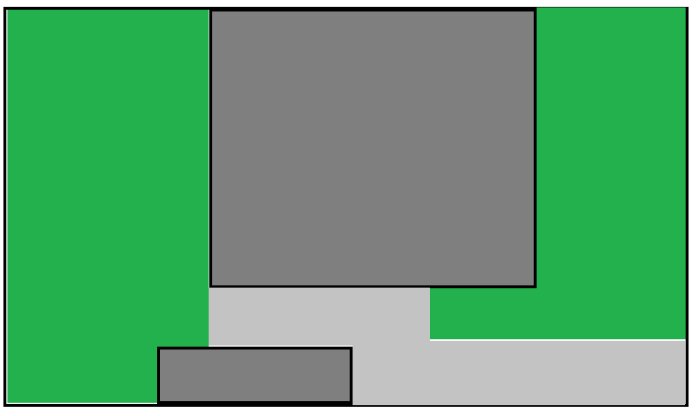 Skiss av trädgård med två gröna gräsmattor, stora områden med ljusgrå stenläggning emellan.