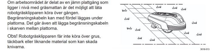 Illustration av en robotgräsklippare på en plattgång mellan gräsytor, med text om begränsningskabeln och risk för ojämna underlag.