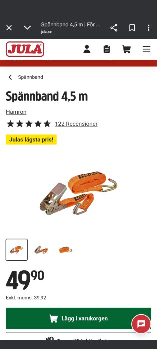 Orange spännband på 4,5 meter med krokar och spännare från märket Hamron, erbjuds på Jula för 49,90 kronor. Produktens betyg är 5 stjärnor.