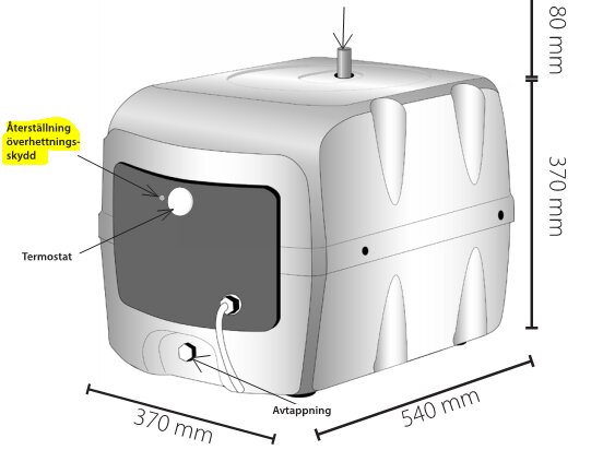Illustration av en varmvattenberedare med markeringar för återställning av överhettningsskydd, termostat och avtappning. Mått: 80x370x540 mm.