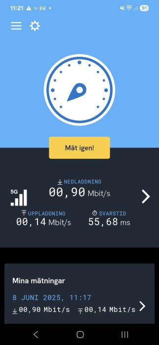 Skärmdump från Bredbandskollen som visar nedladdning 0,9 Mbps och uppladdning 0,14 Mbps och svarstid 55,68 ms.