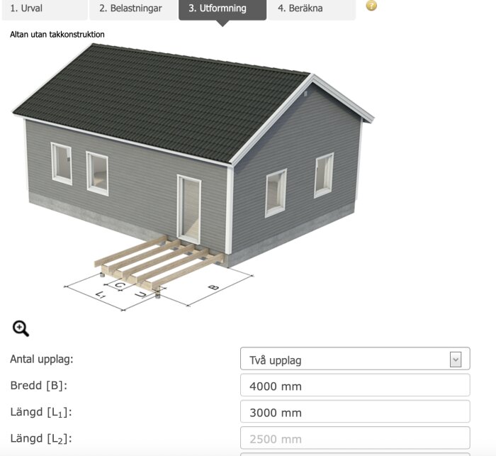 3D-modell av en altankonstruktion utan tak visar mått och dimensioner för byggprojekt med två upplag och storleken 3x4 meter.