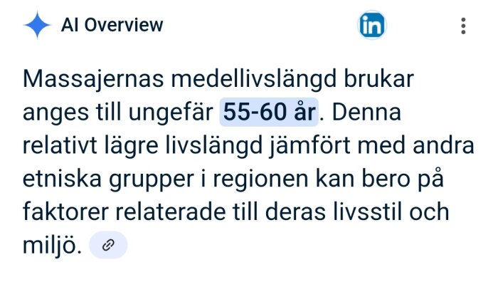Text som beskriver Maasai-stammens medellivslängd som cirka 55-60 år, vilket kan bero på deras livsstil och miljö.