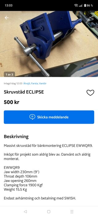 Blått skrustäd för bänkmontering på en träyta, till salu för 500 kr, oanvänt enligt beskrivning.