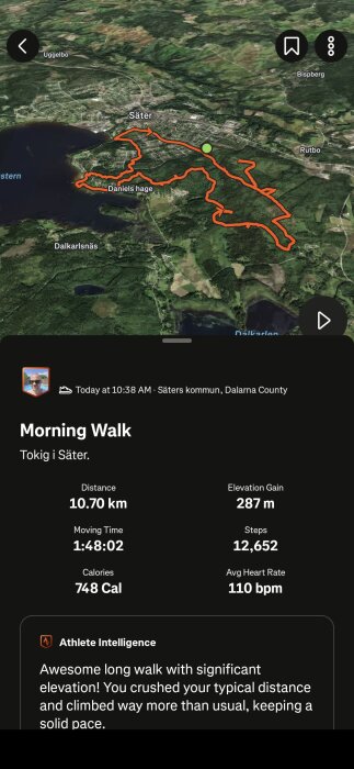 Karta över gångsträcka i Säter med detaljer om avstånd 10,7 km, höjdförändring 287 m, steg 12,652, och kalorier 748, genomsnittlig puls 110 bpm.