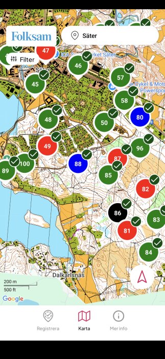 Karta över Säter med platsmarkeringar i olika färger och nummer, från en app som visar områden och faciliteter.