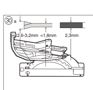 Diagram över såg med klingdimensioner; 2,6-3,2 mm skärbredd, mindre än 1,8 mm stomtjocklek, 2,3 mm klyvkniv; modell från manual.