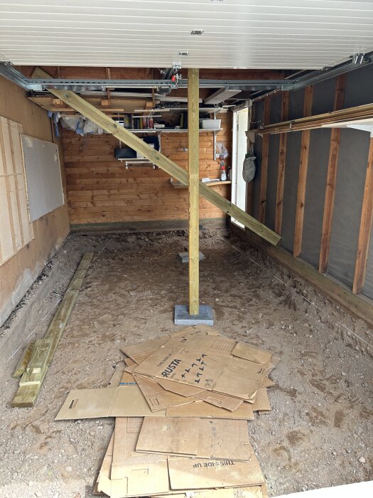 Inuti ett garage med jordgolv, stag för stöd, kantbalkar och kartong på marken. Utför förrådsrenovering med fokus på syllbyte och plattgjutning.
