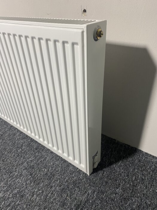 Vit Purmo Thermopanel tp22 element 200x60 cm med vattenanslutning synlig, används för uppvärmning. I gott skick, fotograferad mot en vägg.