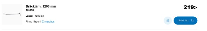 Bräckjärn 1200 mm, artikel 16-856, pris 219 kr, visas i lager. Används när listspik sitter fast eller garageporten är frusen.
