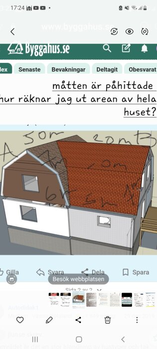3D-modell av ett hus med rött tegeltak, sett snett uppifrån, med ritade mått på taket och väggarna.