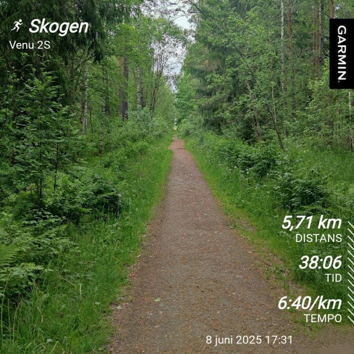 En skogsstig omgiven av gröna träd och buskar, med löpstatistik från ett Garmin-ur: 5,71 km distans, 38:06 tid, 6:40/km tempo, 8 juni 2025.
