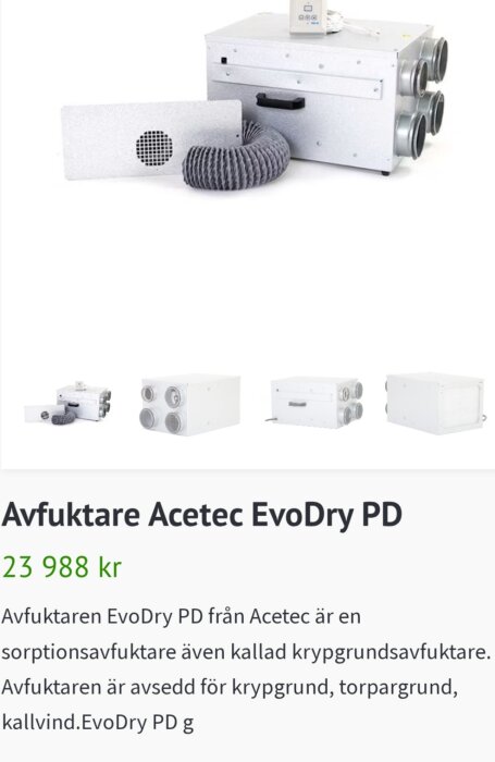 Avfuktare Acetec EvoDry PD med flera anslutningar och tillbehör för krypgrund och kallvind. Pris 23 988 kr.