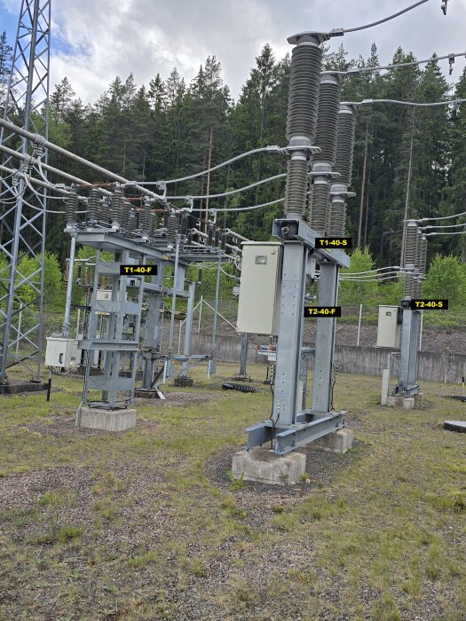 Transformatorstation med kraftledningar, isolatorer och elsystemkomponenter. Skyltar märkta T1-40-F och T2-40-S. Skog i bakgrunden.