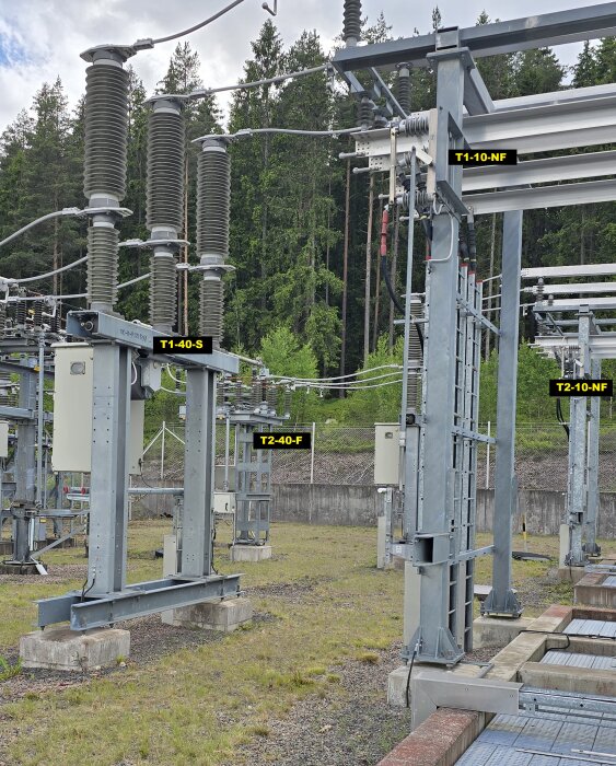 Transformatorområde med högspänningskomponenter som isolatorer och brytare, märkta T1-40-S, T2-40-F, T1-10-NF och T2-10-NF, omgivet av skog.