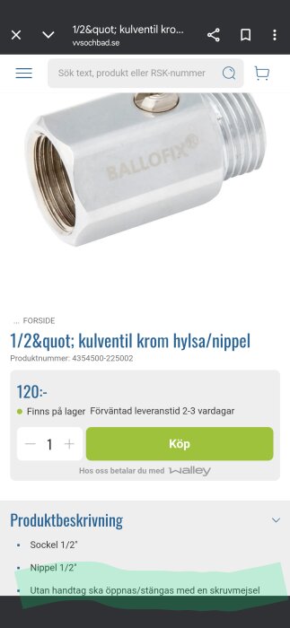 Kulventil i krom från Ballofix, 1/2 tum hylsa/nippel, öppnas/stängs med skruvmejsel, produktbild.