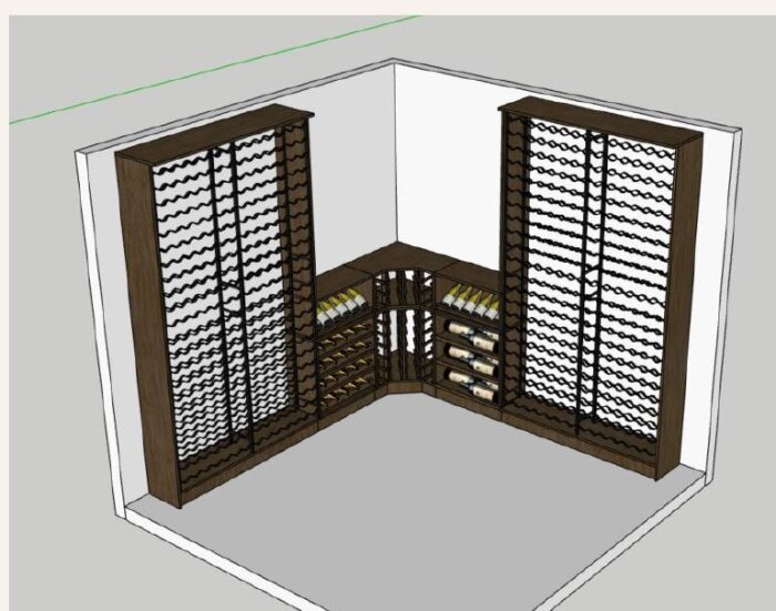 Skiss av vinkällarinredning med höga och låga sektioner i ett hörn, hyllor för vinflaskor och plats för belysning ovanför de låga sektionerna.
