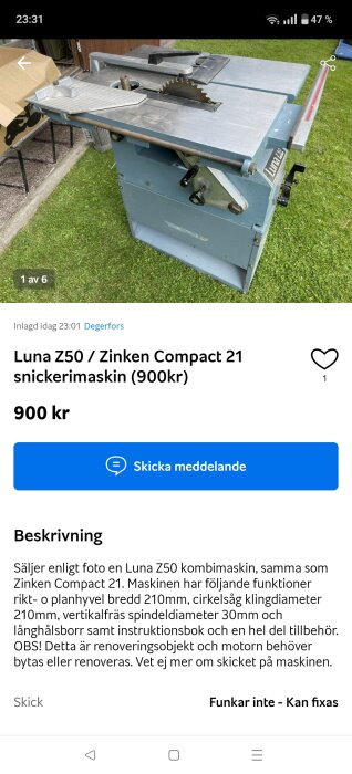 Snickerimaskin Luna Z50/Zinken Compact 21 på gräs, med cirkelsåg och bord.
