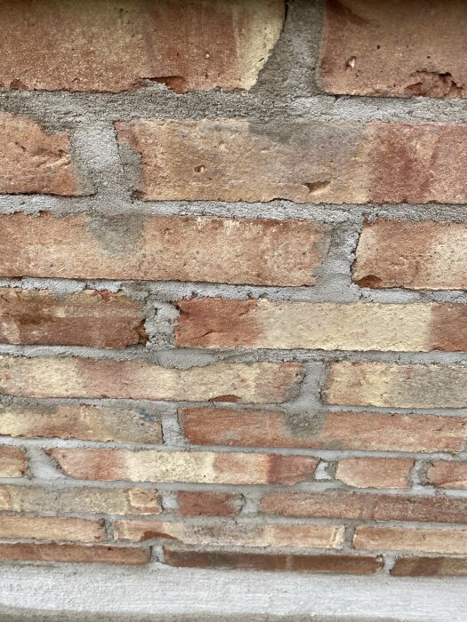 Tegelmur med oregelbundna fogar och delvis synligt murbruk. Muren har ett rustikt, gammaldags utseende med ojämna stenar i rödbruna nyanser.