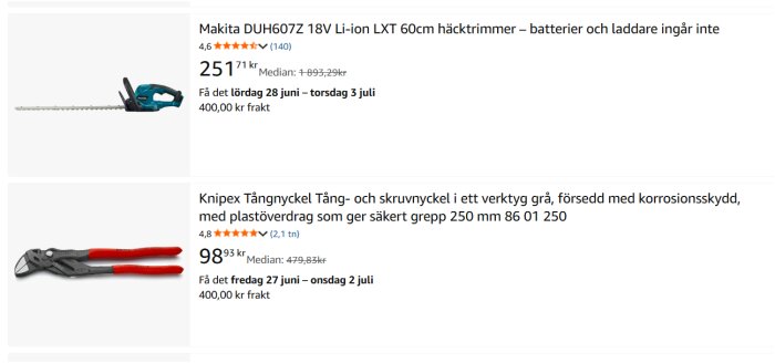Bild av två verktyg till salu: en Makita häcktrimmer och en Knipex tångnyckel med prissättning och leveransinformation från en webbutik.
