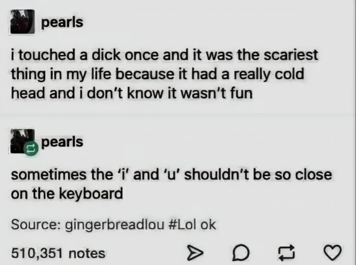 Textinlägg som beskriver en stavfelrelaterad incident med humoristisk vinkel, där författaren skriver om att röra ett föremål.