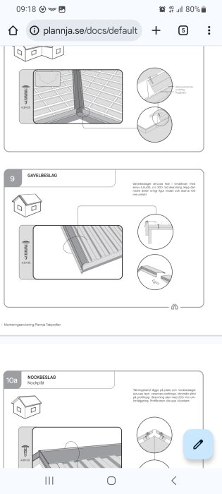 Illustration av takmonteringsanvisning för Planja, visar gavel- och nockbeslag med skruvdetaljer och monteringsinstruktioner.