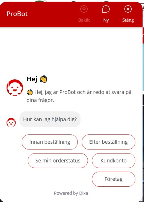 En chattbot som heter ProBot med meddelandet "Hej, jag är ProBot och är redo att svara på dina frågor" och knappar för olika ämnen.