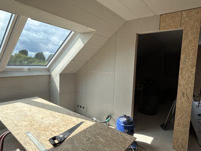 Ett rum under renovering med gipsskivor monterade på väggarna, ett stort takfönster och byggmaterial, inklusive en såg och måttstock, på ett bord.
