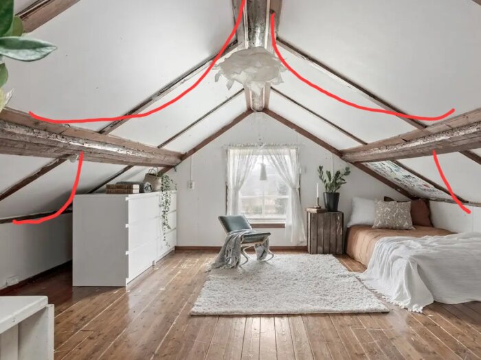 Bild av ett vindsrum med snedtak, där röda markeringar visar eventuella sviktningar i takbjälkar och väggar. En säng, byrå och fönster finns i rummet.