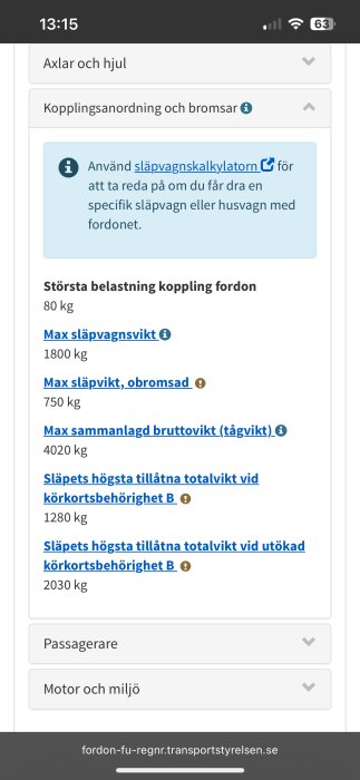 Översikt av släpvagnsvikter, kopplingsanordning och bromsar med maxbelastningsinformation från Transportstyrelsens webbplats.