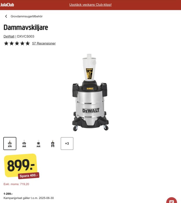Dammavskiljare från DeWalt, modell DXVCS003, på hjul med kampanjpris 899 kr hos Jula. Gäller till 2025-06-30.