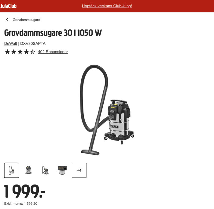 Dewalt grovdammsugare 30L 1050W från Jula med 50mm slang, använd för att förbättra inomhusklimat i snickeriverkstad.