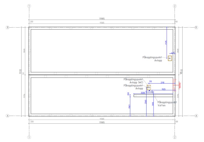 Ritning av plintgrund med mått och påkopplingspunkter för avlopp och vatten markerade.