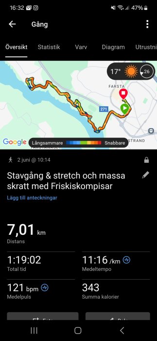 Skärmdump av hälsospårningsapp som visar stavgång på 7,01 km, tid 1:19:02, med 121 bpm puls och 343 kalorier förbrända. Karta och väderinfo syns.