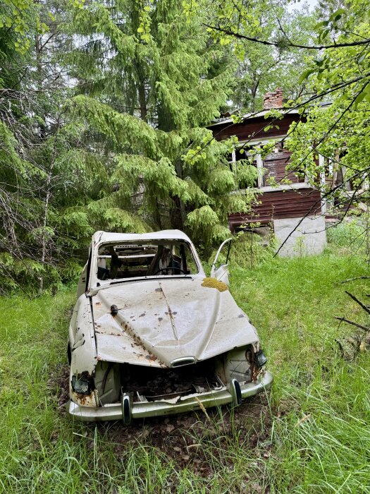 Rostig skrotbil utan motorhuv framför en förfallen träbyggnad i en grön skogsmiljö.