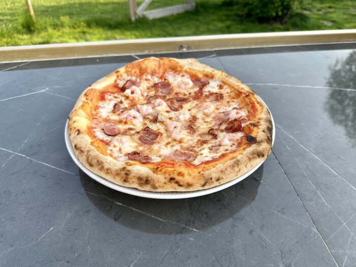 Pizza med räkor och skinka på tallrik utomhus, placerad på ett grått stenbord med grön gräsmatta i bakgrunden.