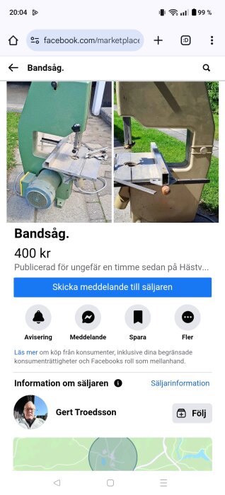 Grön och beige bandsåg till salu för 400 kr, avbildad utomhus på stenläggning och gräsmatta, med verktyg placerade på sågbordet.