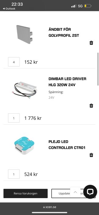 Skärmbild av inköpskorg med produkter: ändbit för golvprofil, dimbar LED-driver HLG 320W 24V, och Plejd LED-controller CTR01, med priser.